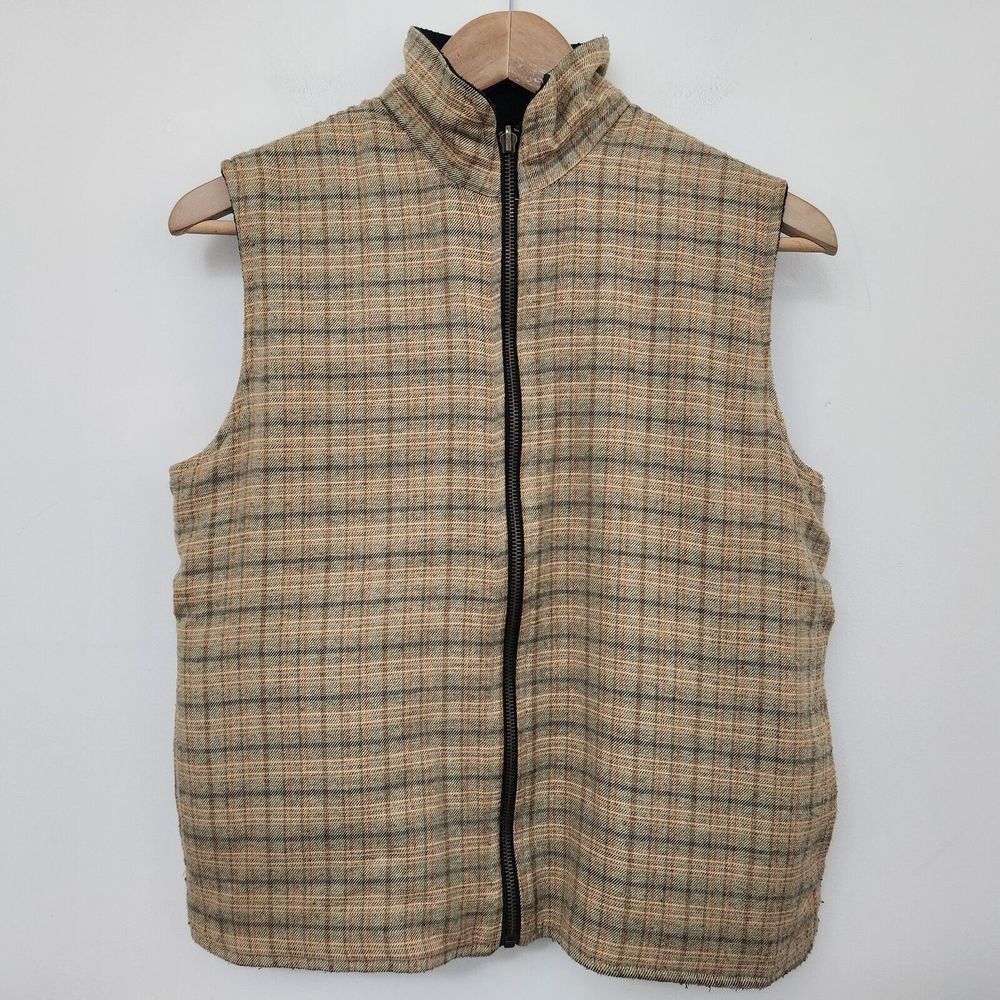 Women's Yellow Plaid Fleece Vest Full Zip Pockets Size M
